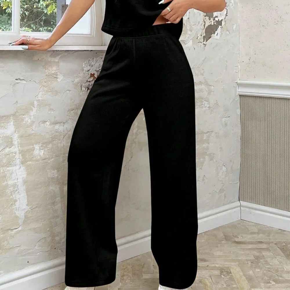 Black Casual Women's Spring/Summer Knit Loose Fit Leisure Suit